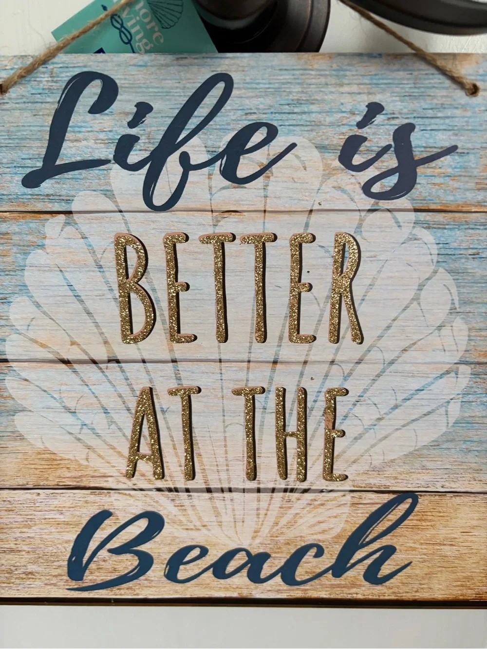 NWT Life is Better at the Beach Coastal Wall Sign 13.25x9 inches Blue White Gold